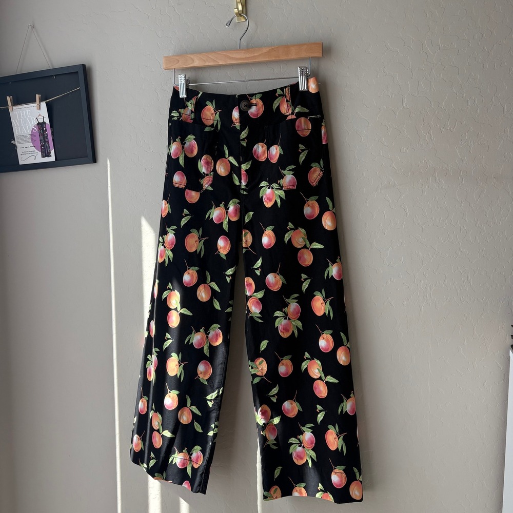 Maeve Anthropologie The Colette Peach Print Wide Leg Pants Black Size 25P - Picture 3 of 9